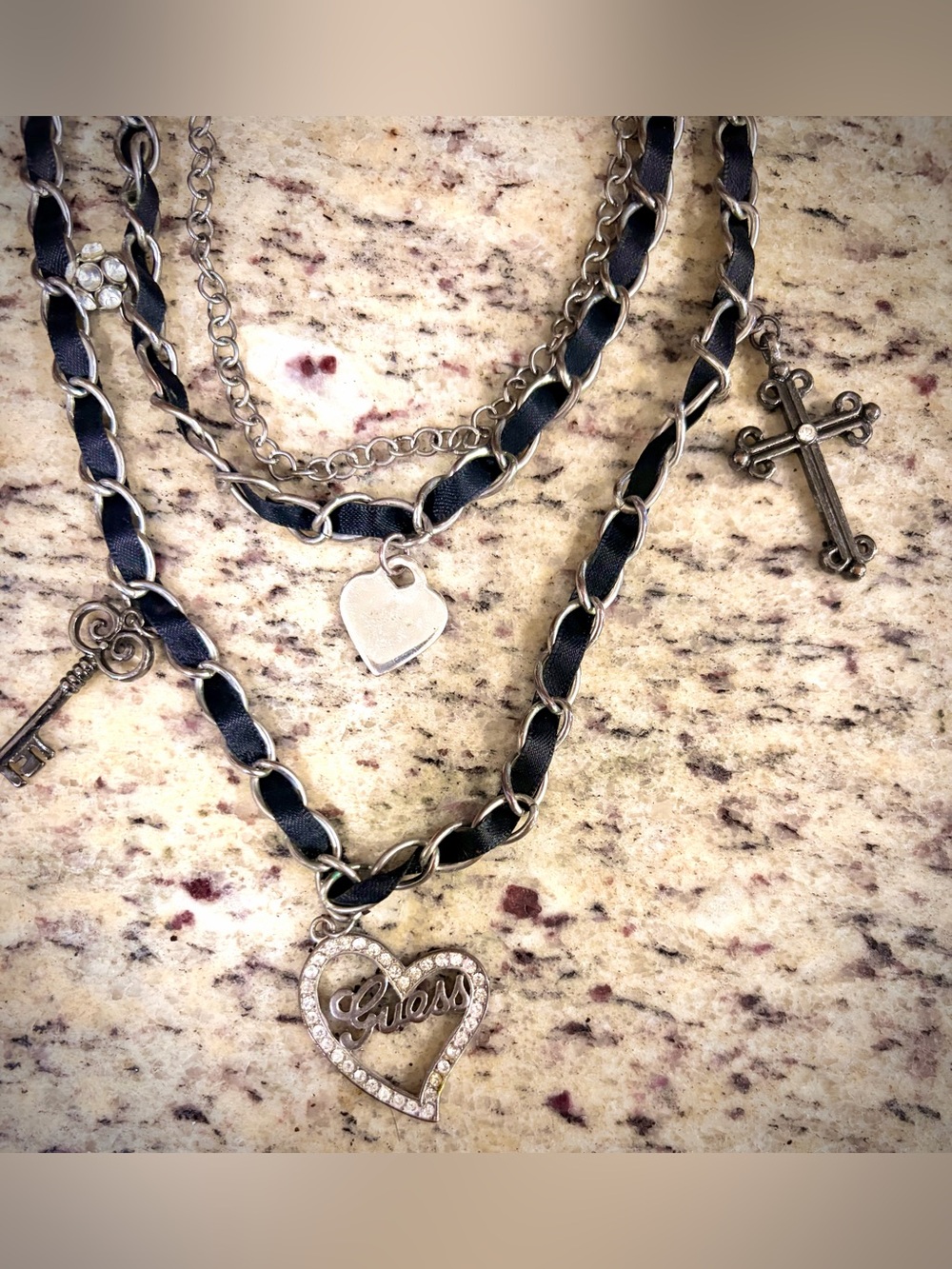 Y2K Guess Black & Silver Layered Heart Pendant Necklace